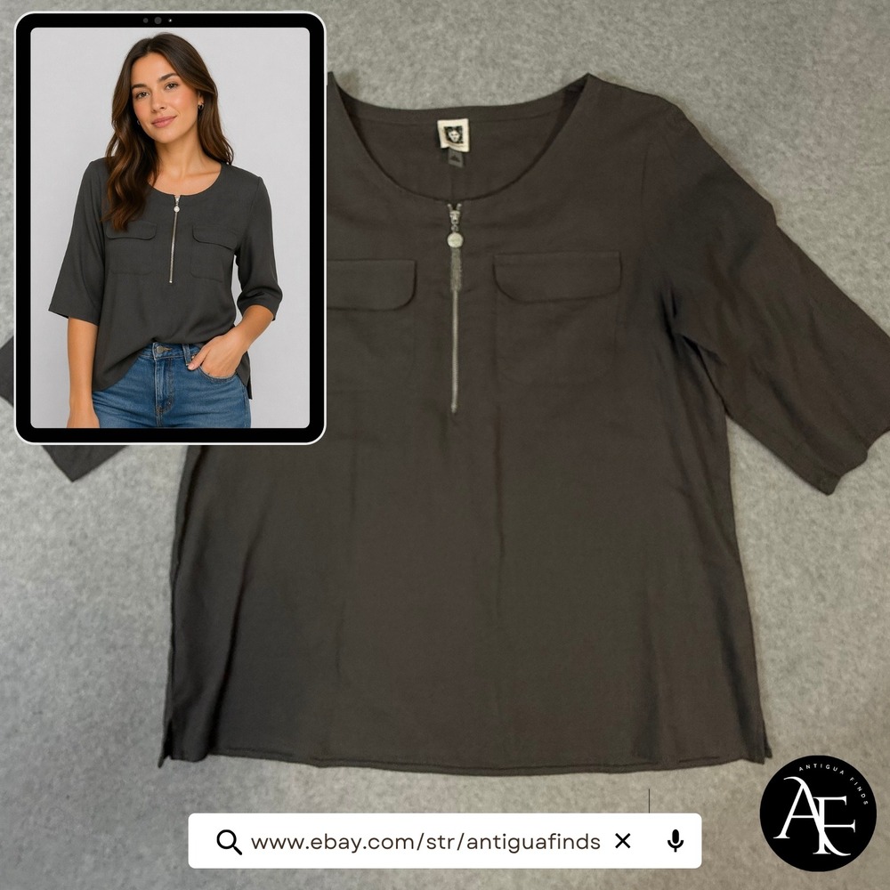 Anne Klein Womens Gray Zip Front Tassel Blouse Roll Tab Sleeve Pocket‎ Top L